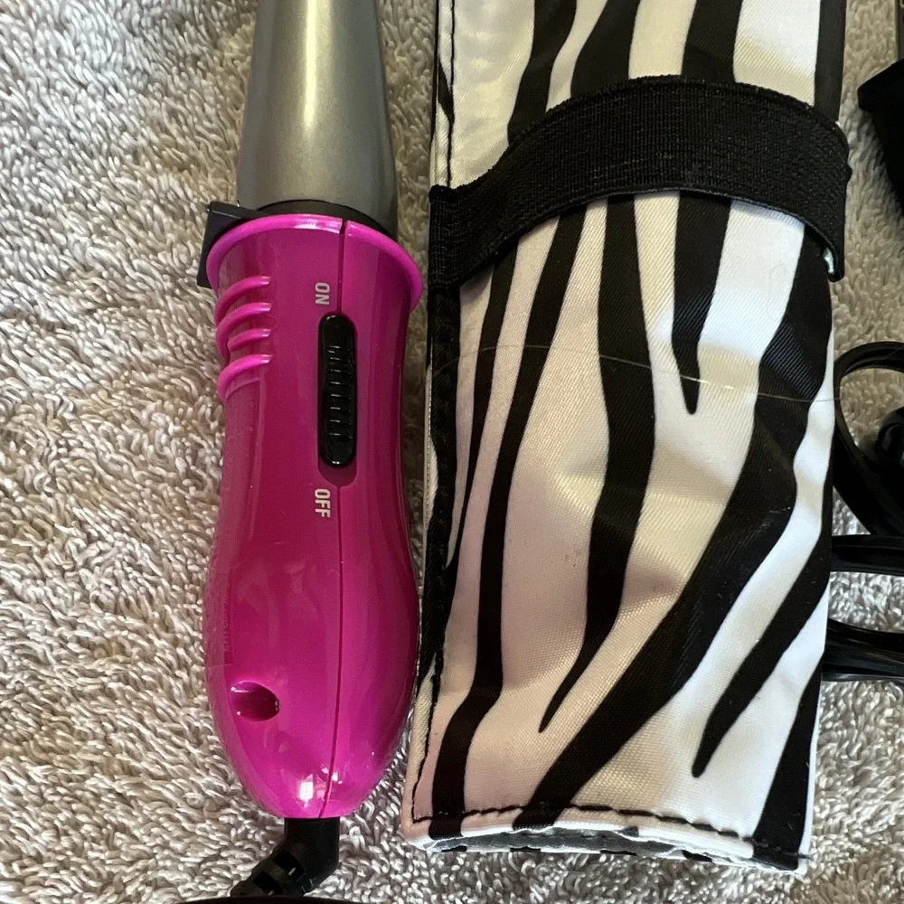 Conair Curling Iron/Wand Electric w/ Attachments, Zebra Travel Pouch Pink